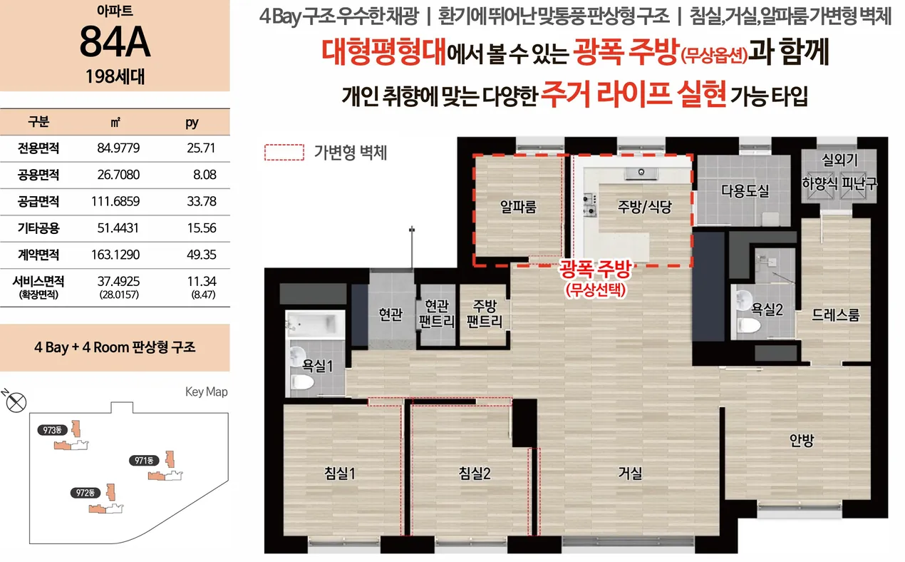84A 타입 평면도, 전용면적 84.9779㎡, 198세대, 4Bay 4Room 판상형 구조